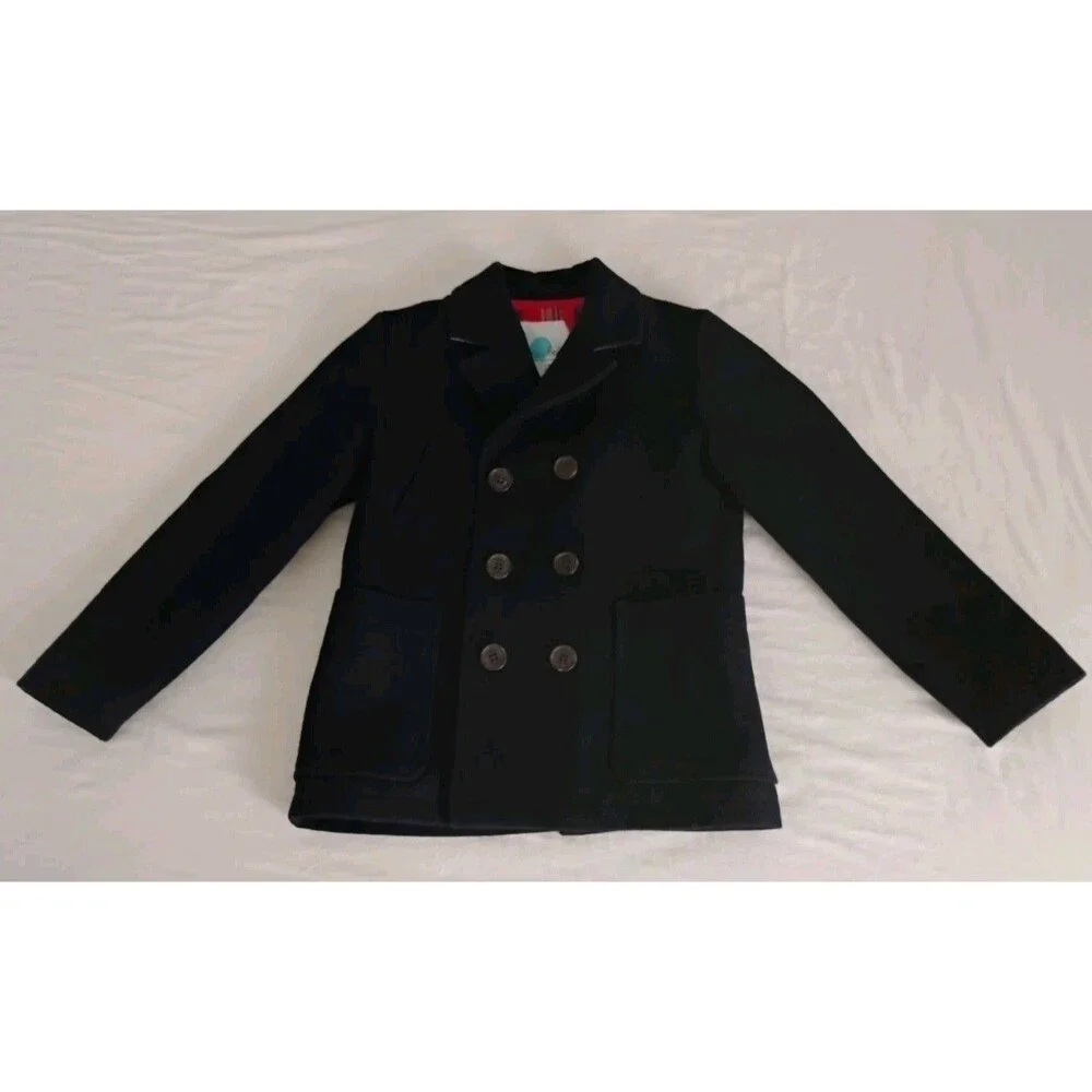 Mini Boden Boy's Navy Wool Pea Coat 7-8 Yr GC Plaid Flannel Lining Preppy Rare